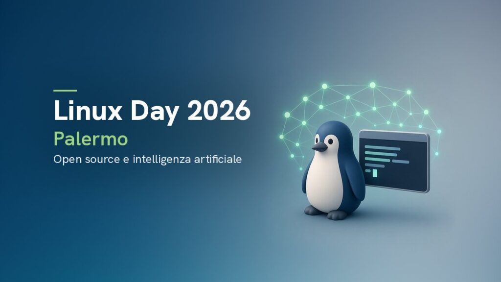 Linux Day 2026, Palermo, Open source e intelligenza artificiale: pinguino stilizzato, terminale e rete di nodi