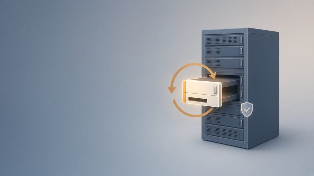 Rack server grigio-blu in cui un modulo viene sostituito da uno nuovo, tra frecce circolari ambra e un piccolo scudo