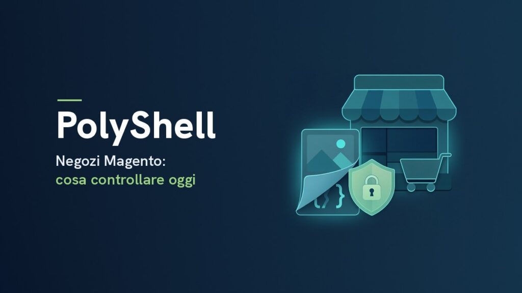 PolyShell, Negozi Magento: cosa controllare oggi: illustrazione stilizzata di un negozio online con un file immagine che nasconde codice, protetto da uno scudo con lucchetto