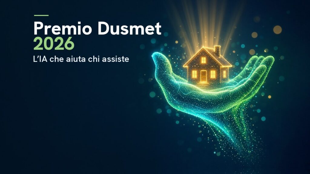 Premio Dusmet 2026, L'IA che aiuta chi assiste: mano di particelle di luce verdi e azzurre che sostiene una casetta dorata